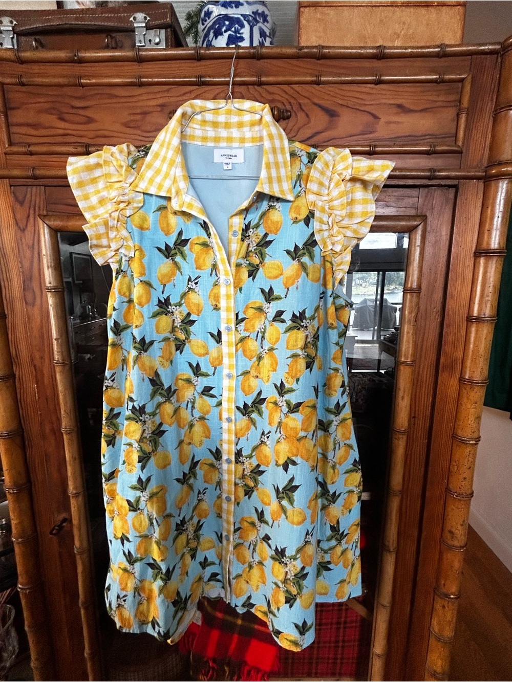 Sleeveless Lemon-Print Midi Dress with Yellow Gingham Trim